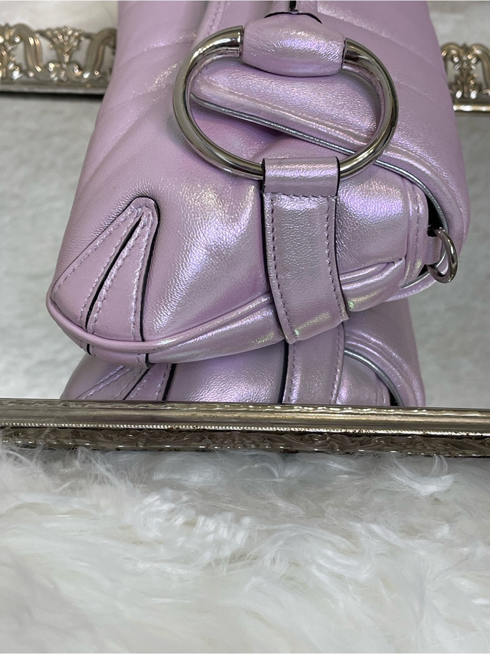 EUC Gucci Horsebit Chain Shoulder Bag Pink Iridescent Vertical Matelasse Quilted - Picture 9 of 16